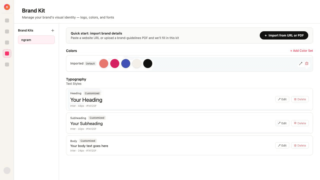 ngram studio brand kit settings alongside a multi-format export selector