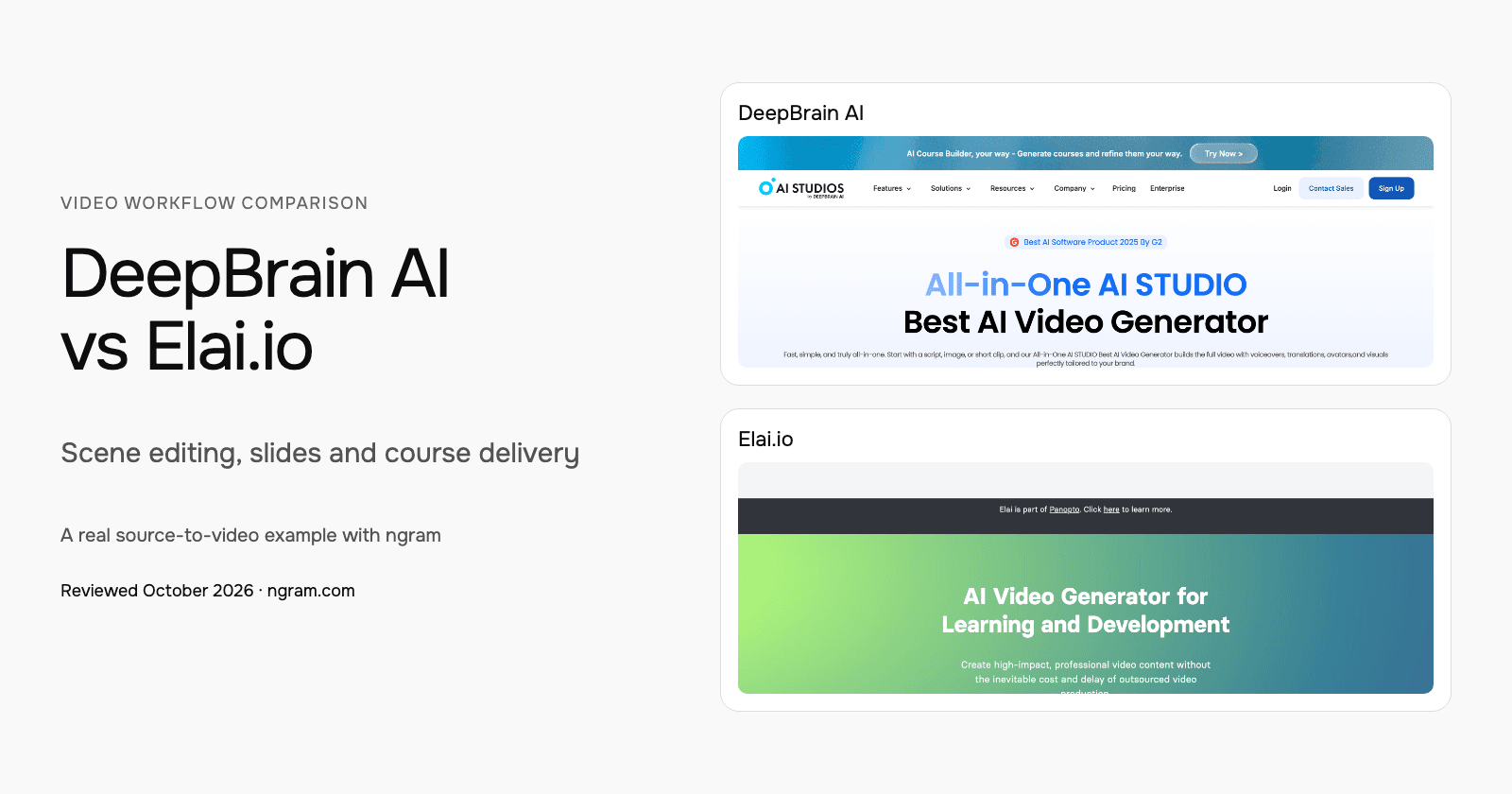 DeepBrain AI vs Elai.io: Scene editing, slides and course delivery