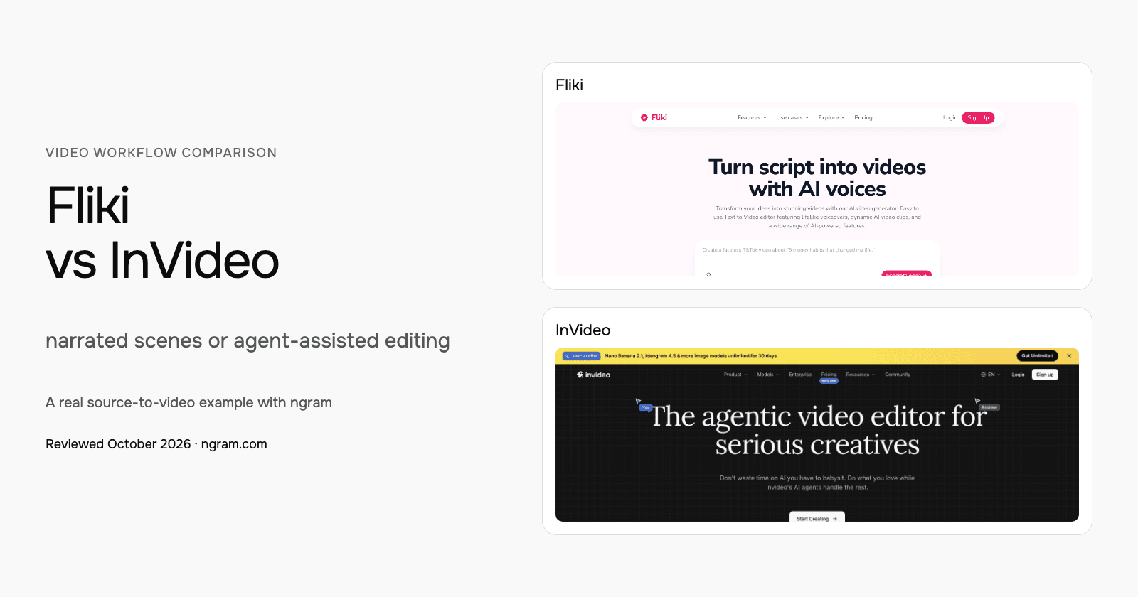 Fliki vs InVideo: narrated scenes or agent-assisted editing
