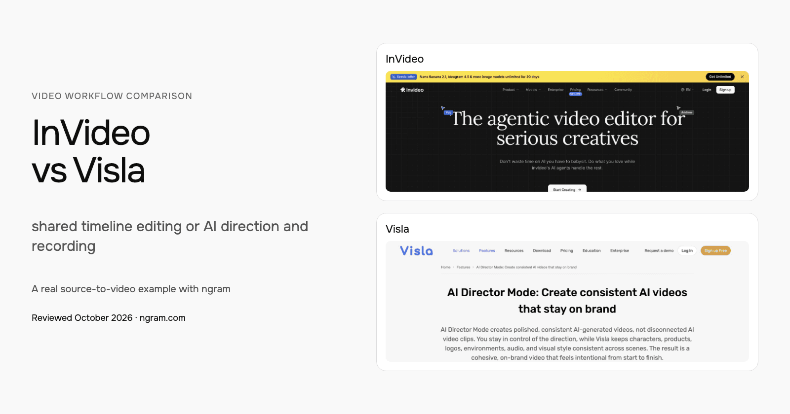 InVideo vs Visla: shared timeline editing or AI direction and recording