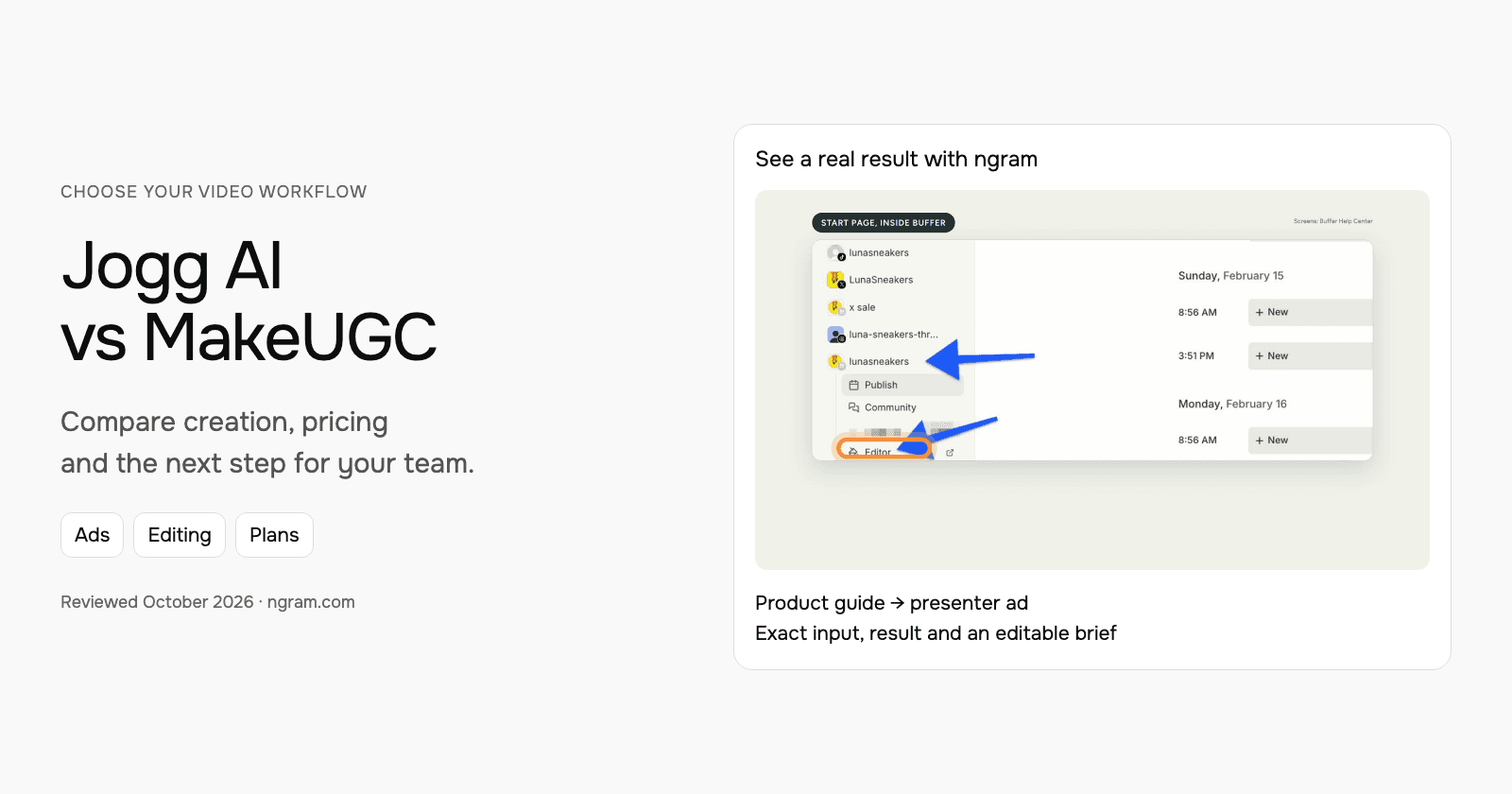 Jogg AI vs MakeUGC: avatar videos, product ads and repeatable workflows