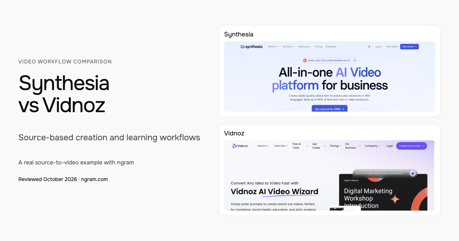 Synthesia vs Vidnoz: Source-based creation and learning workflows