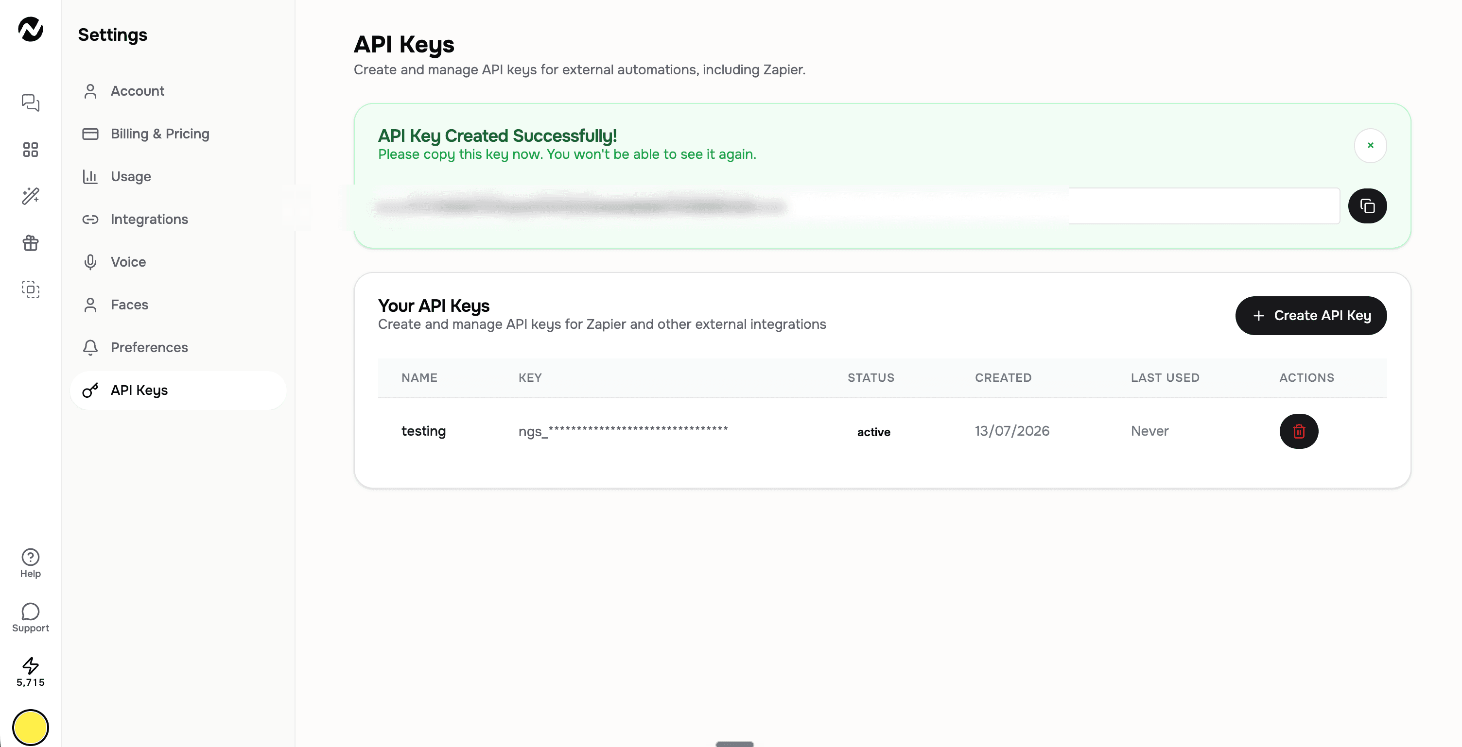 API Key Created Successfully screen showing the one-time key (key value blurred)