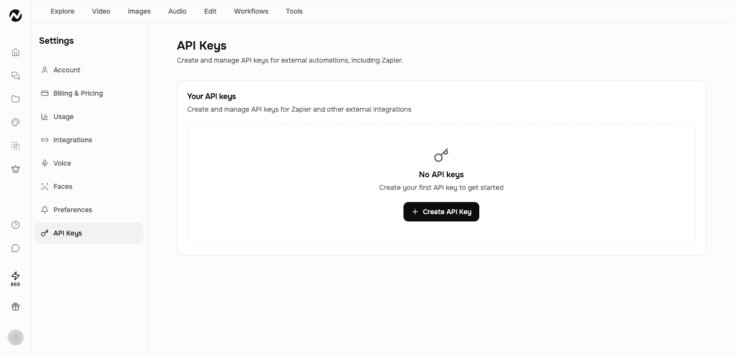 Settings page with API Keys section selected in the left navigation