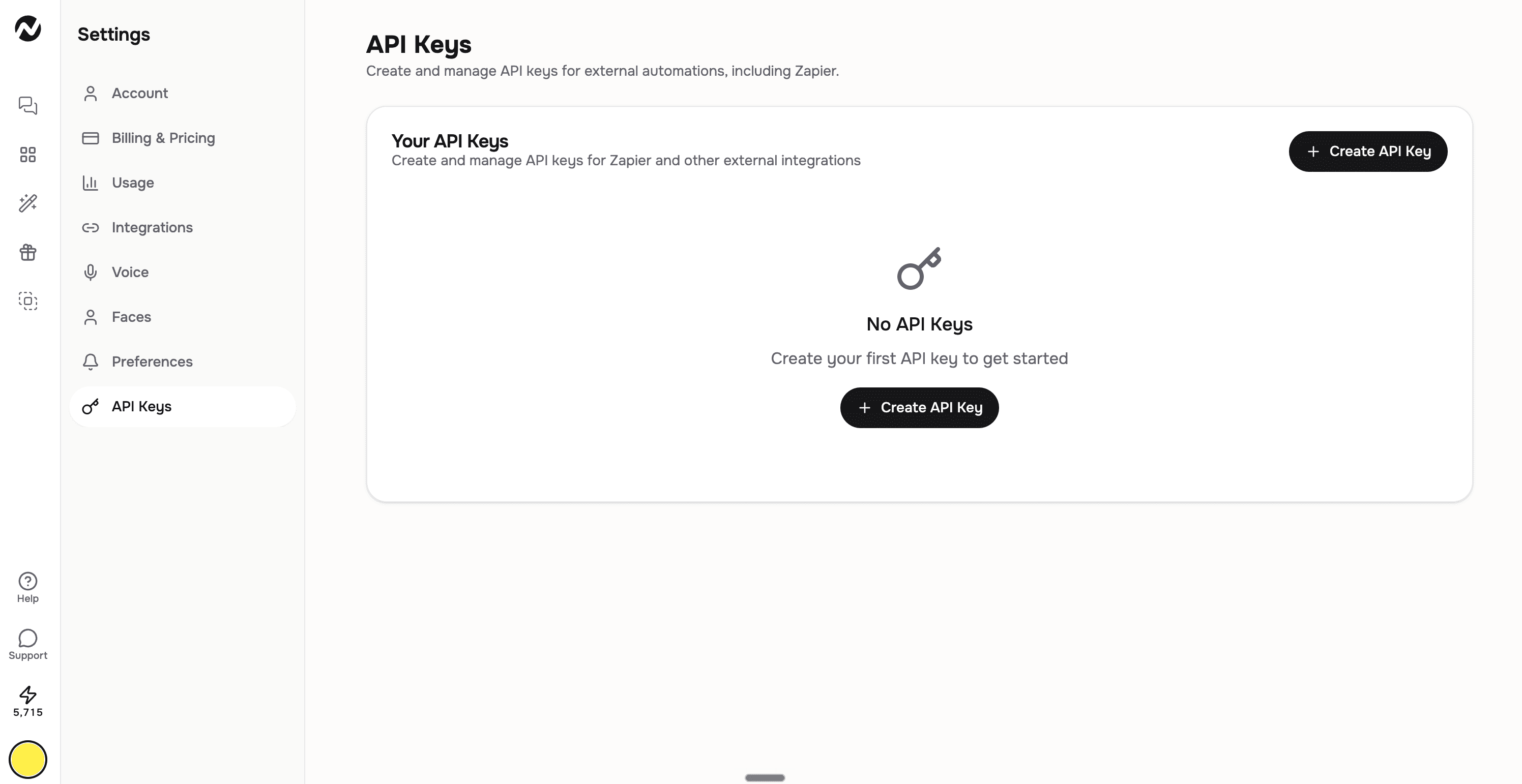 Settings page with API Keys section selected in the left navigation