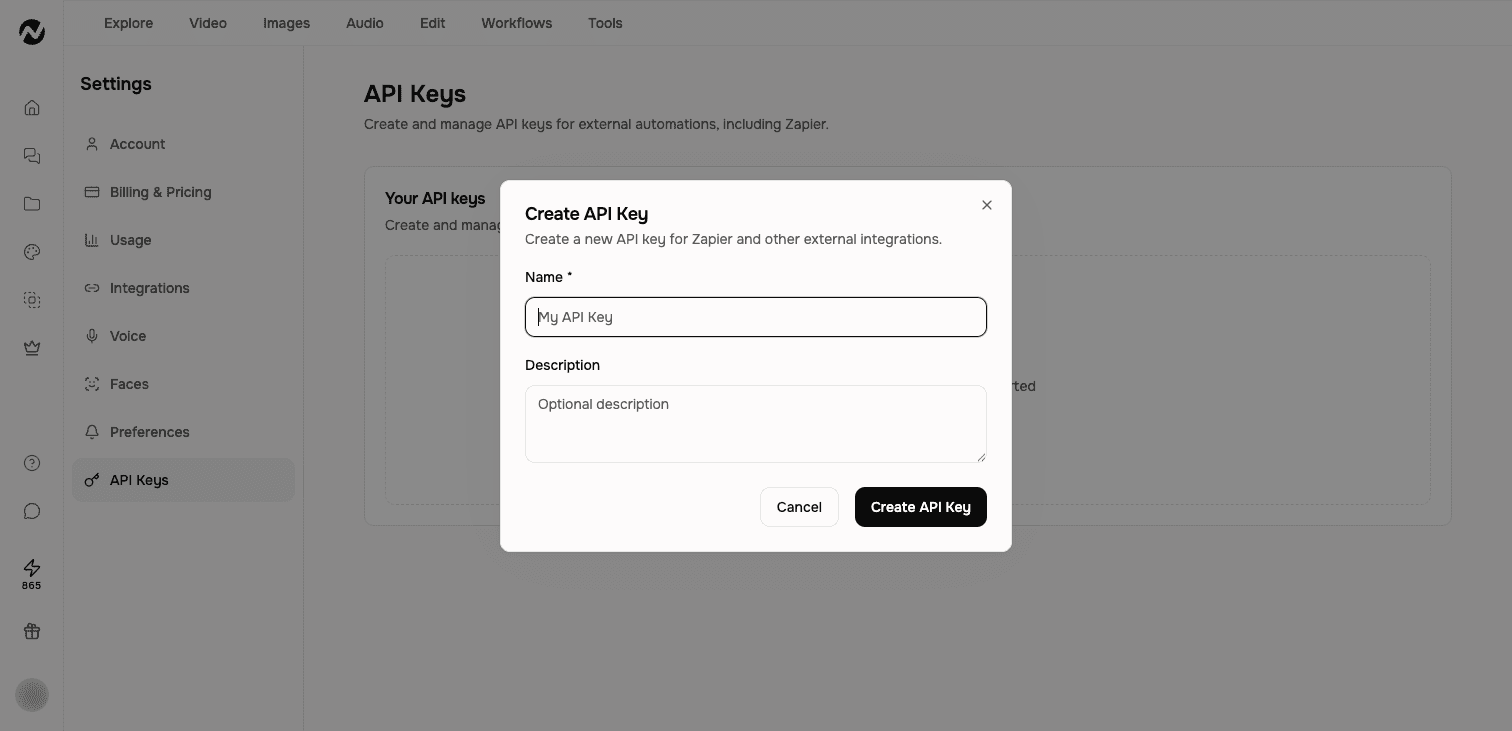 Create API Key dialog with Name (required) and Description (optional) fields