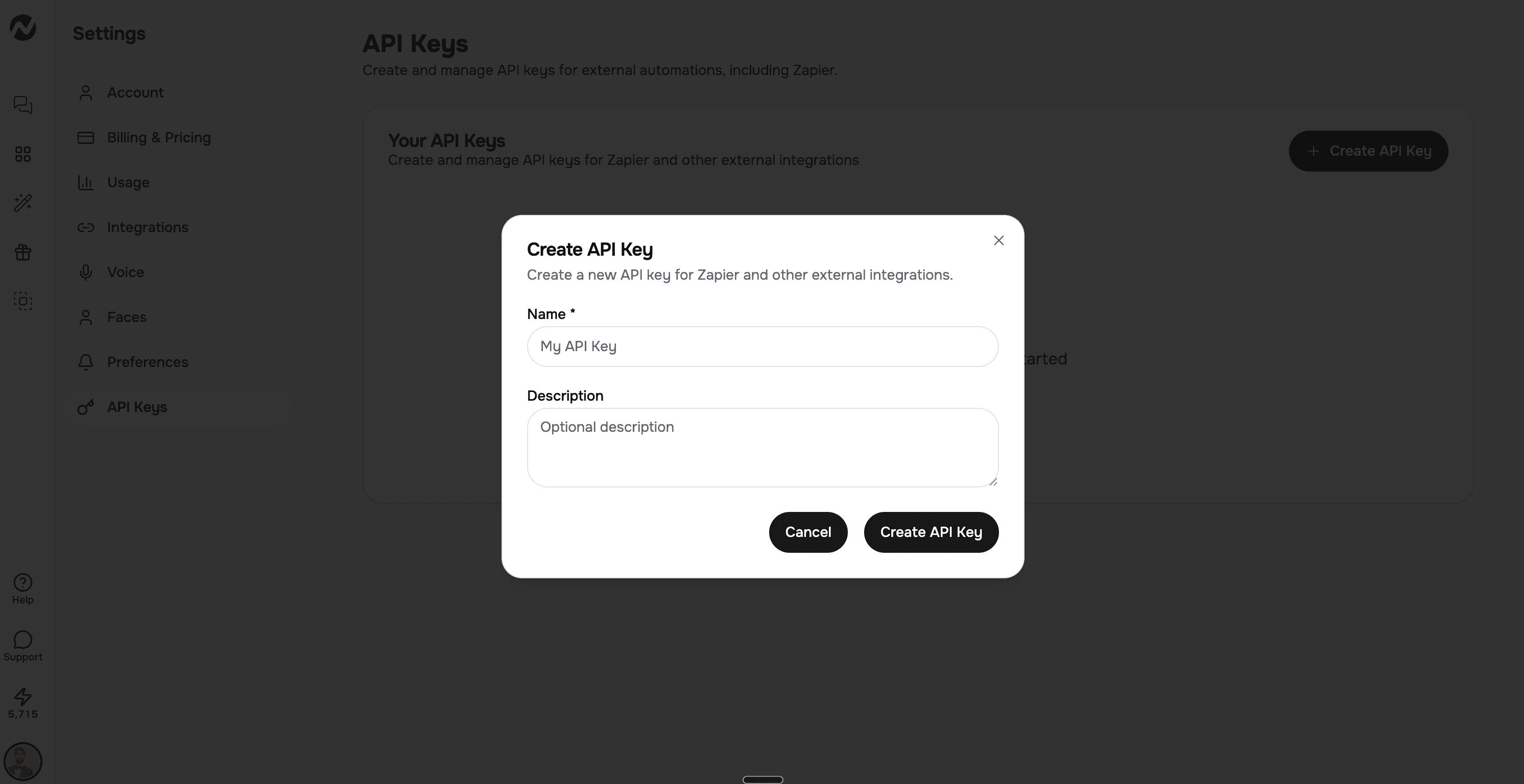 Create API Key dialog with Name (required) and Description (optional) fields