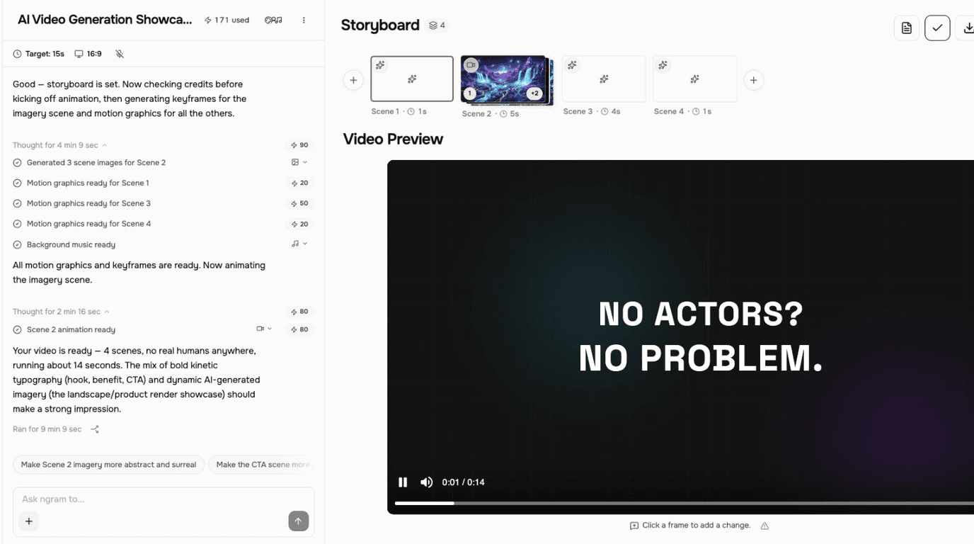 Verified Studio workspace showing an AI-video request, the agent's generation steps, scene thumbnails, and the rendered preview in one current project.