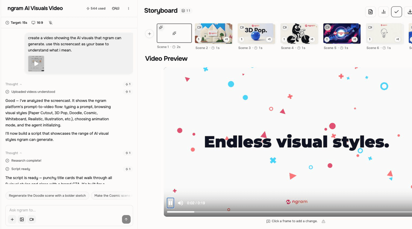 Verified Studio workspace showing the source prompt, the agent's visual-style analysis, eleven storyboard scenes, and the rendered visual-style preview.