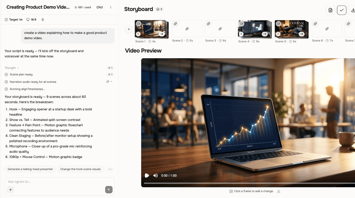 Verified Studio workspace where the agent produced a script, scene plan, and narration audio beside the rendered product-demo preview.