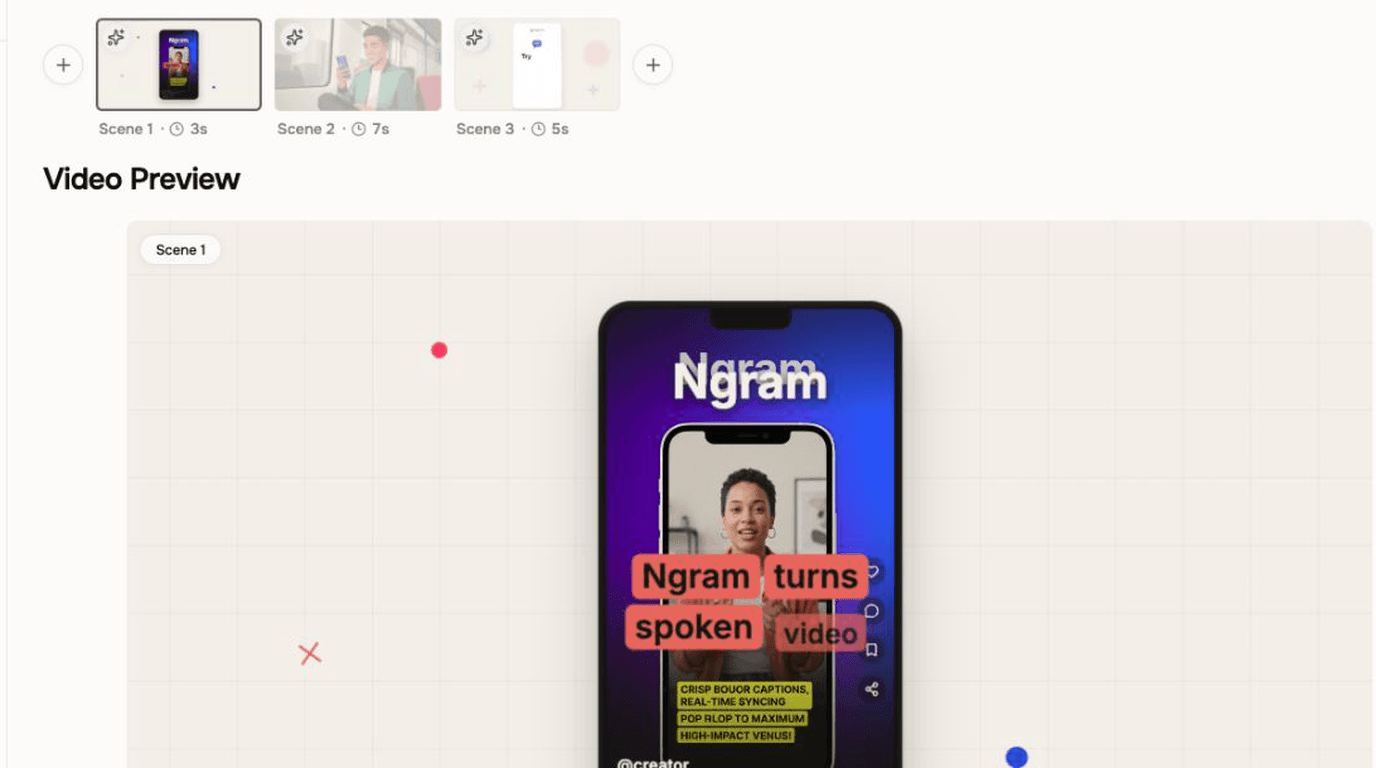 Verified Studio result: a three-scene storyboard and the active captioned preview show the text inside the finished project.