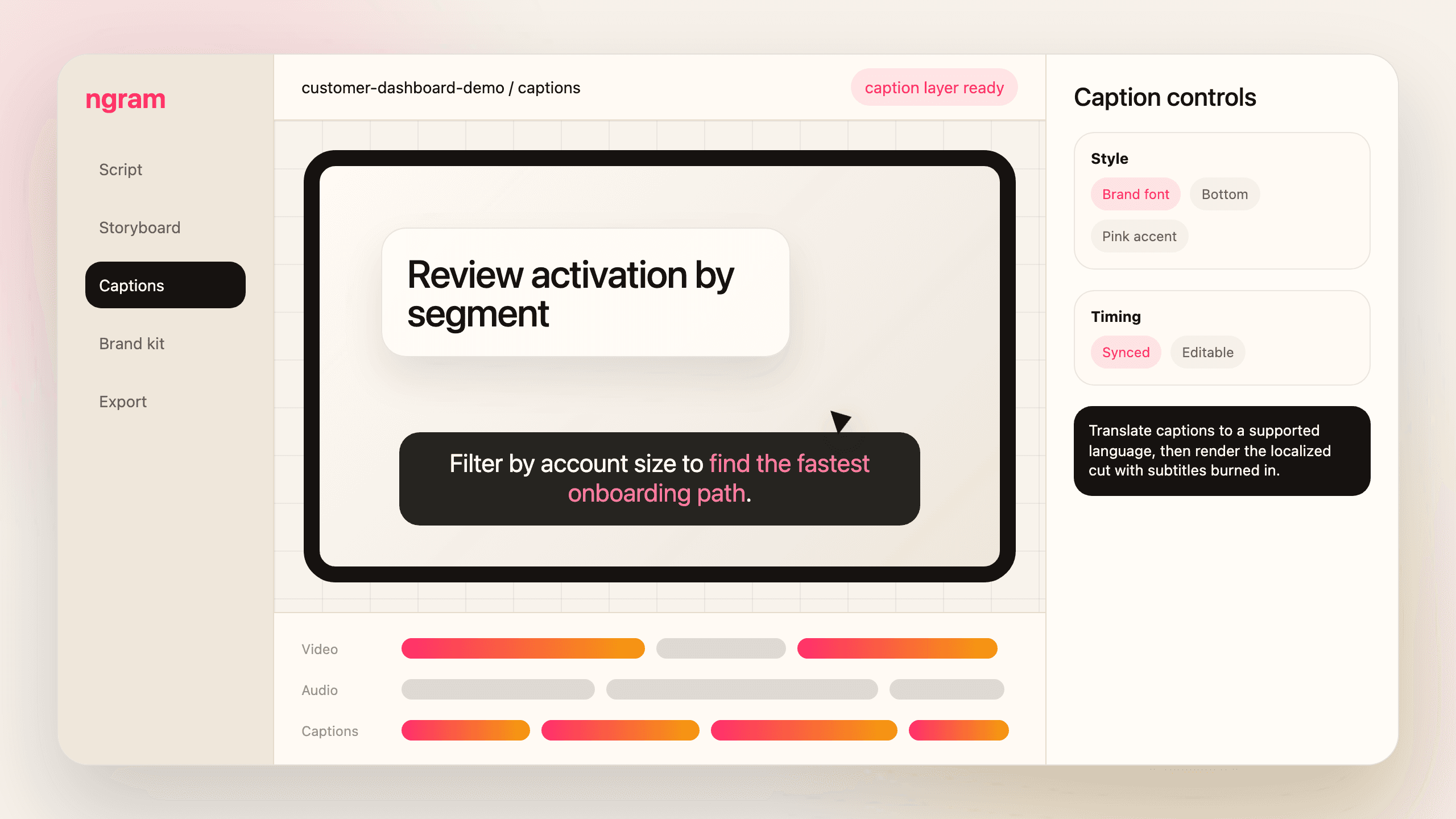 Temporary workflow mock for generating, styling, translating, and exporting captions. Replace with a real Studio walkthrough.