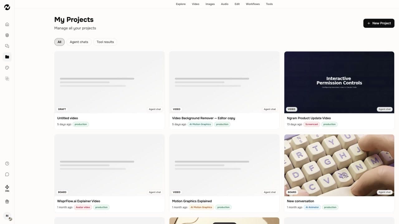 Authenticated ngram Projects dashboard with generated team work visible as reusable video and agent-chat projects.