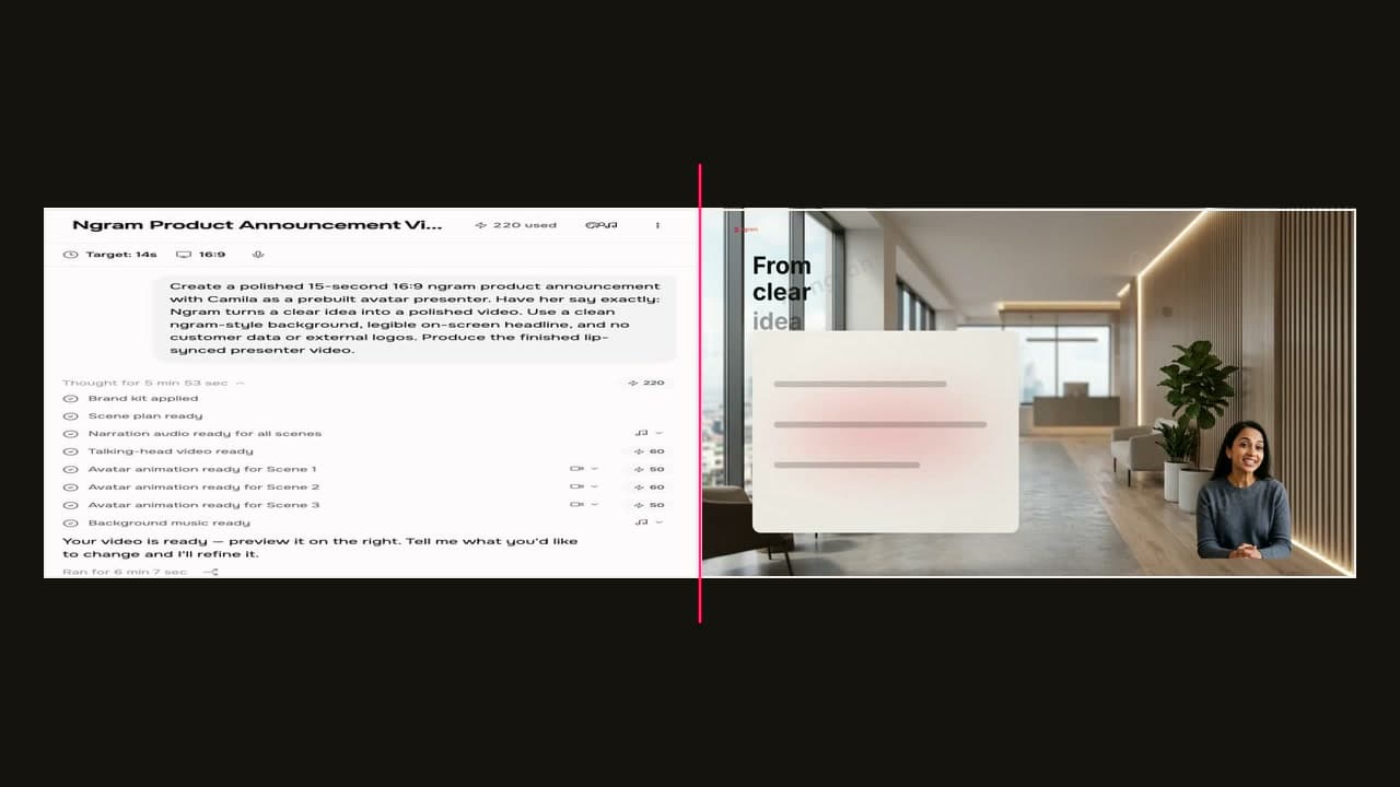 Left: the authenticated script and avatar-generation setup. Right: the resulting Camila presenter frame with synchronized delivery.