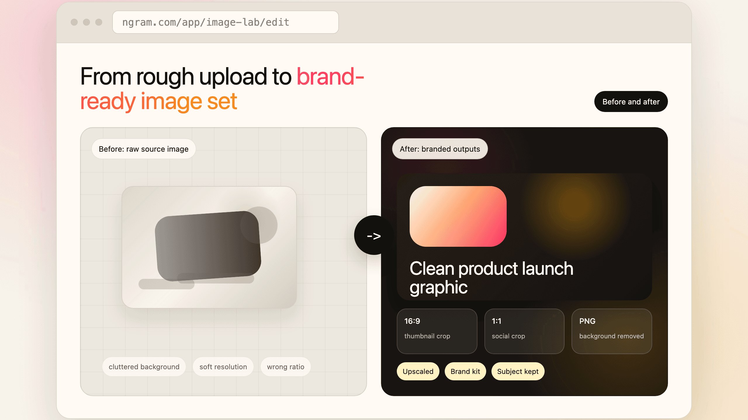 Temporary mock showing a rough source image becoming branded image outputs.