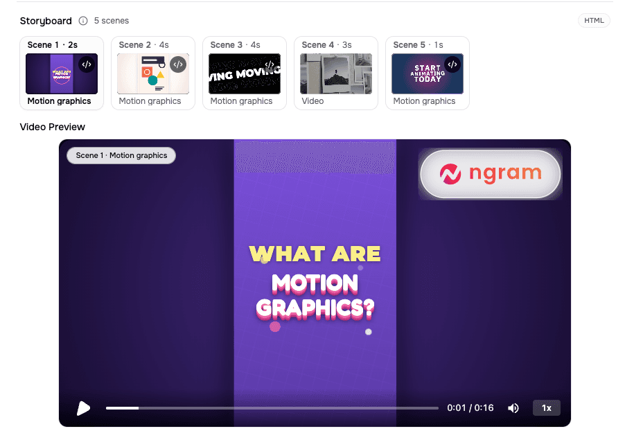 Storyboard and video preview showing motion graphics guiding viewer attention.