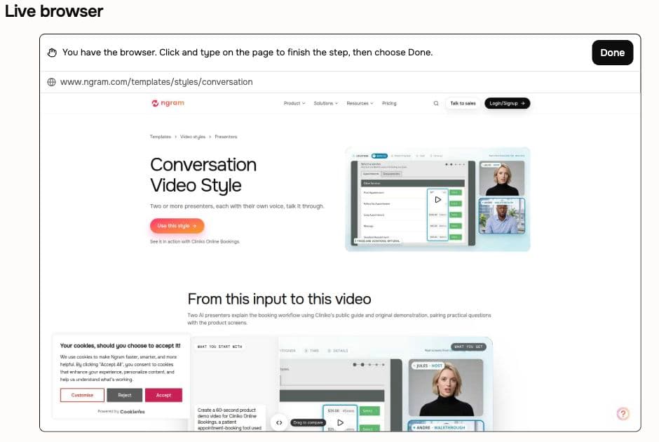 Live browser with user control and the Done action on a public ngram page.