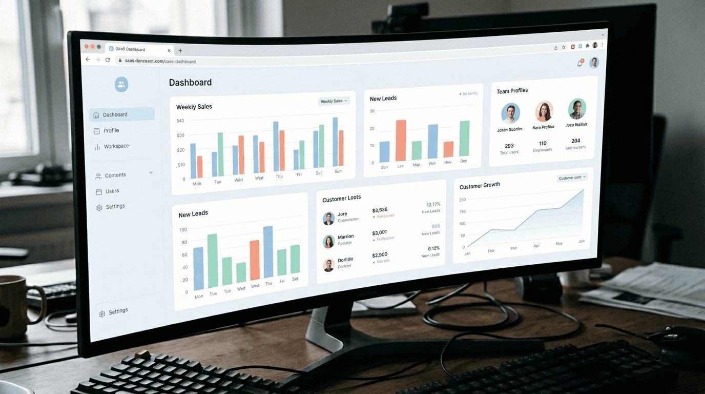 Completed Studio product-demo scene focused on an application dashboard.