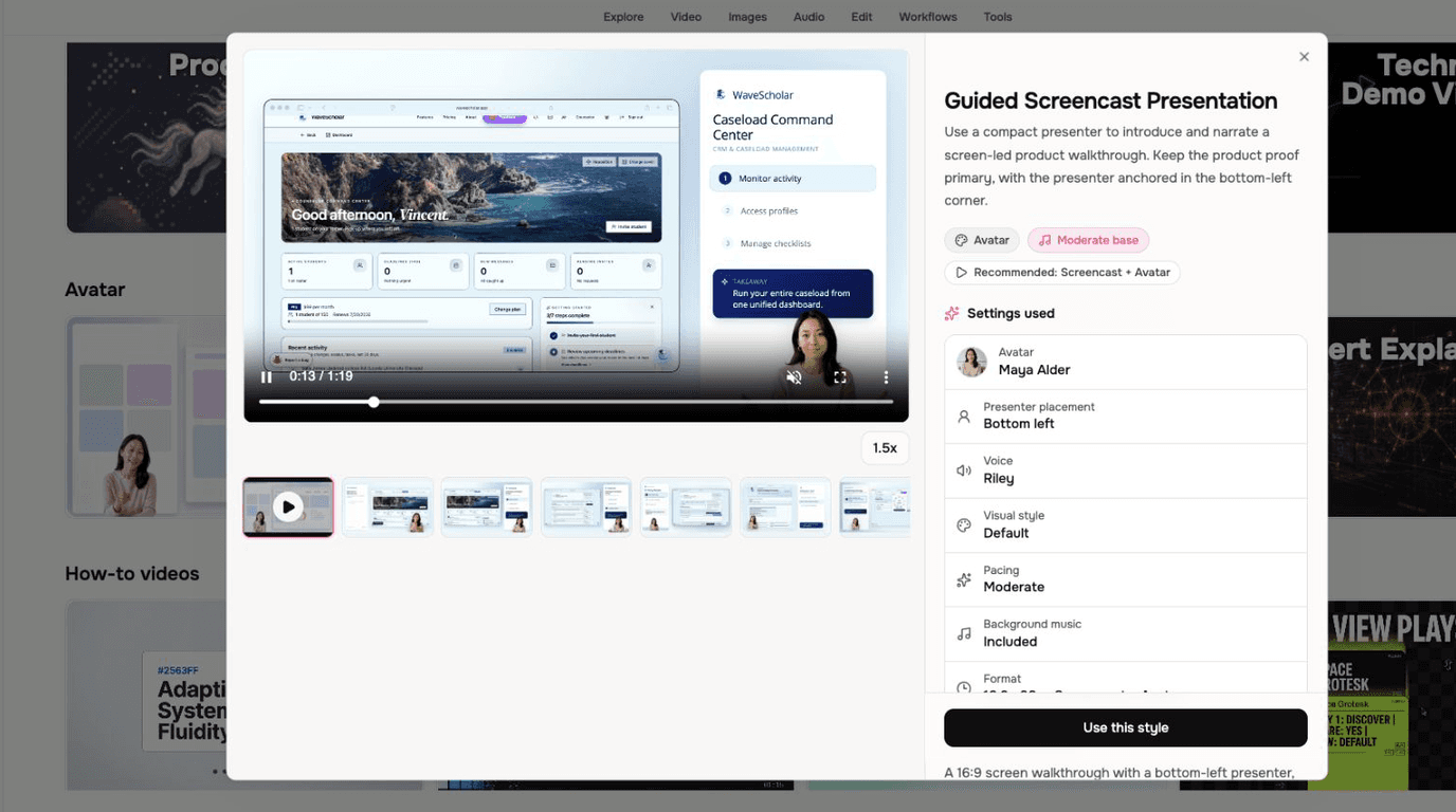 Verified current Studio start-template preview for the related Screencast + Avatar flow, showing a screen-led walkthrough, voice, presenter placement, and 16:9 settings. Pure Screencast remains Beta.
