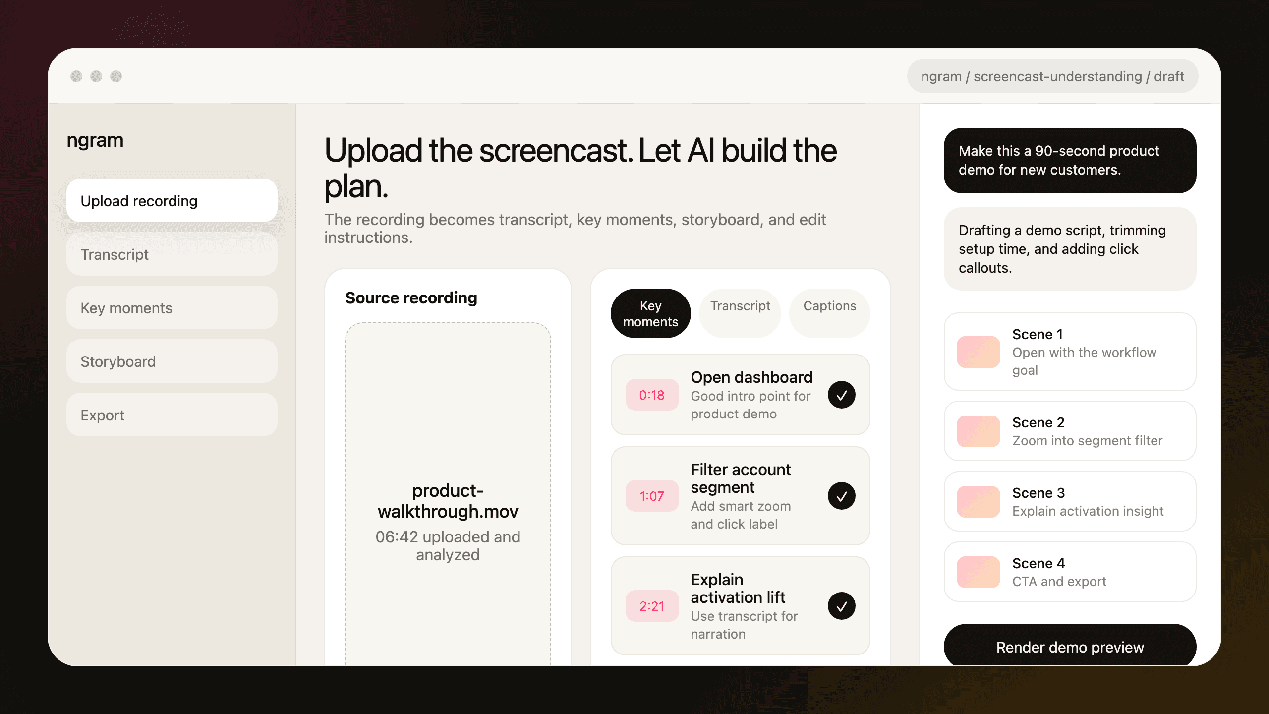 Temporary workflow mock for the upload, understand, direct, and edit flow. Replace with a real Studio walkthrough.
