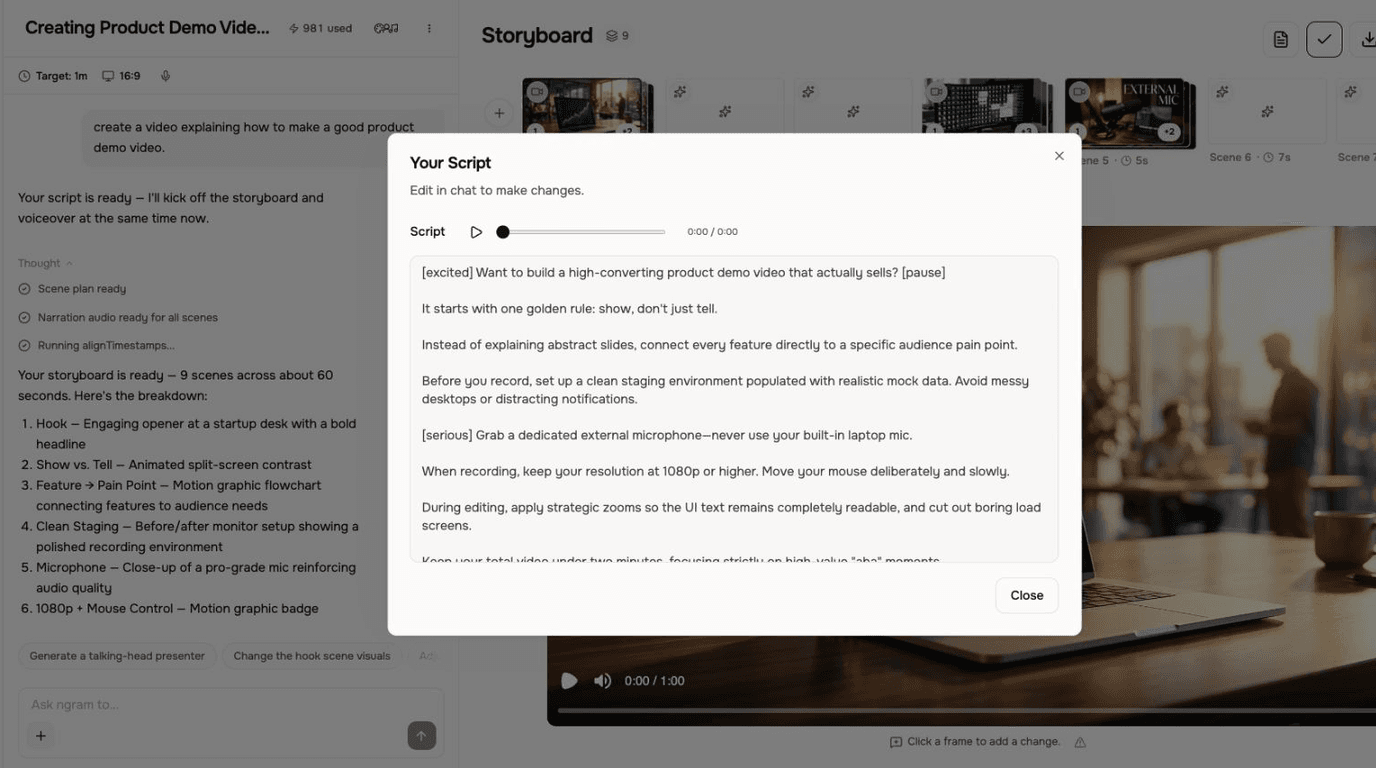 Verified Studio workspace showing the generated script in the Script panel, with its storyboard and rendered project still visible behind it.