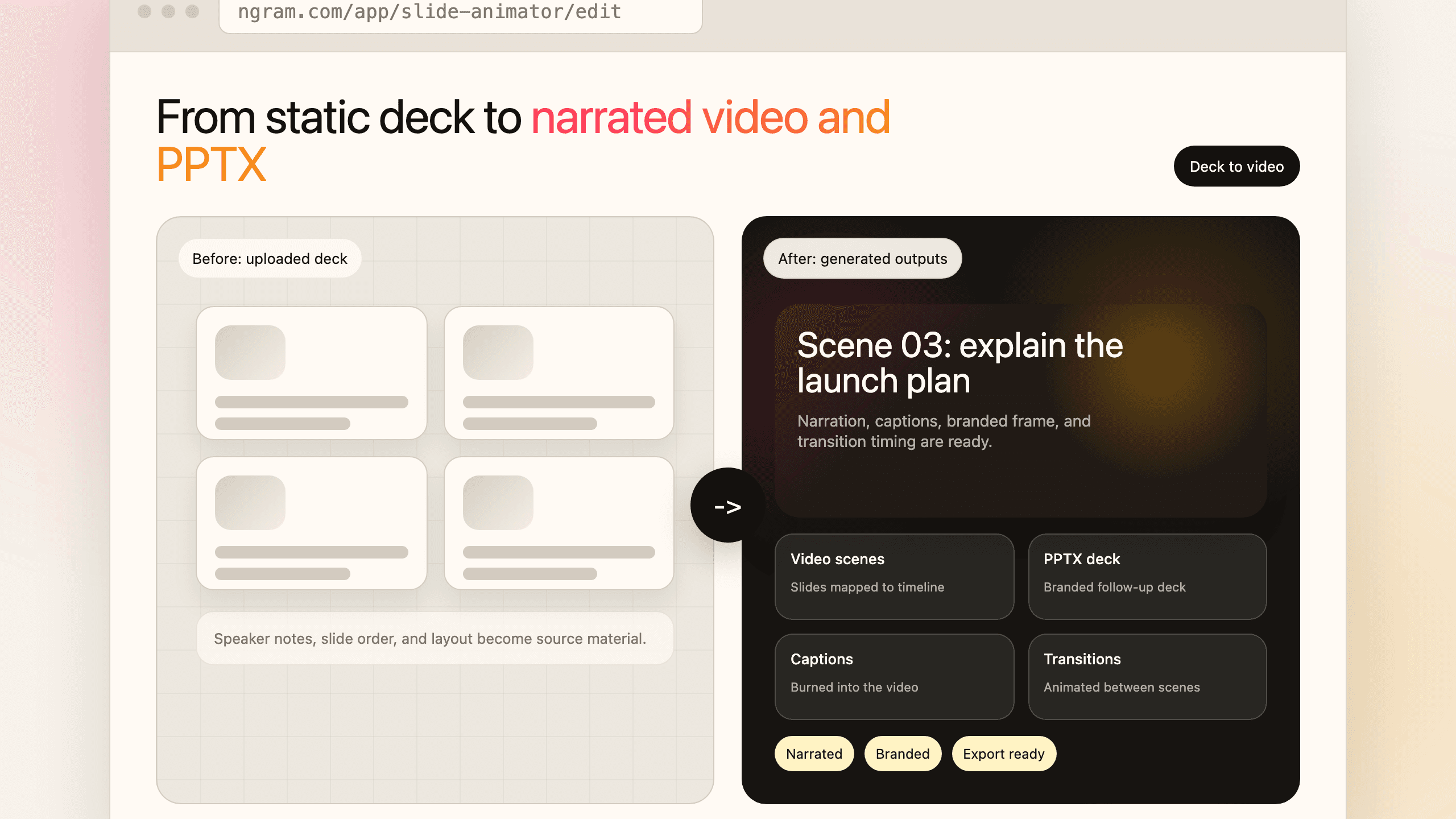 Temporary mock showing a raw deck becoming narrated video scenes and a branded PPTX deck.