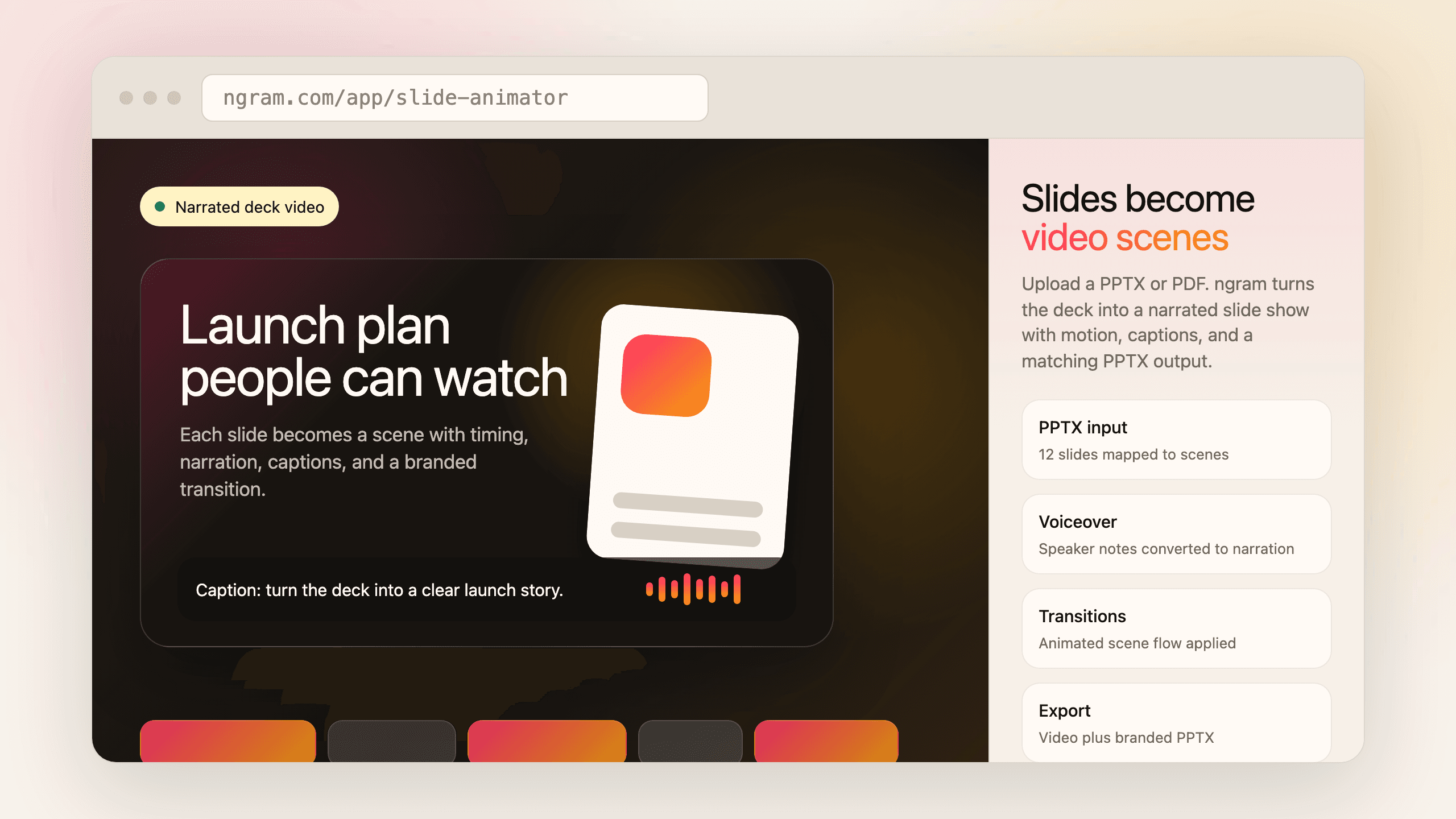 Temporary mock of a narrated slide video output. Replace with real ngram deck-to-video output after the page is live.