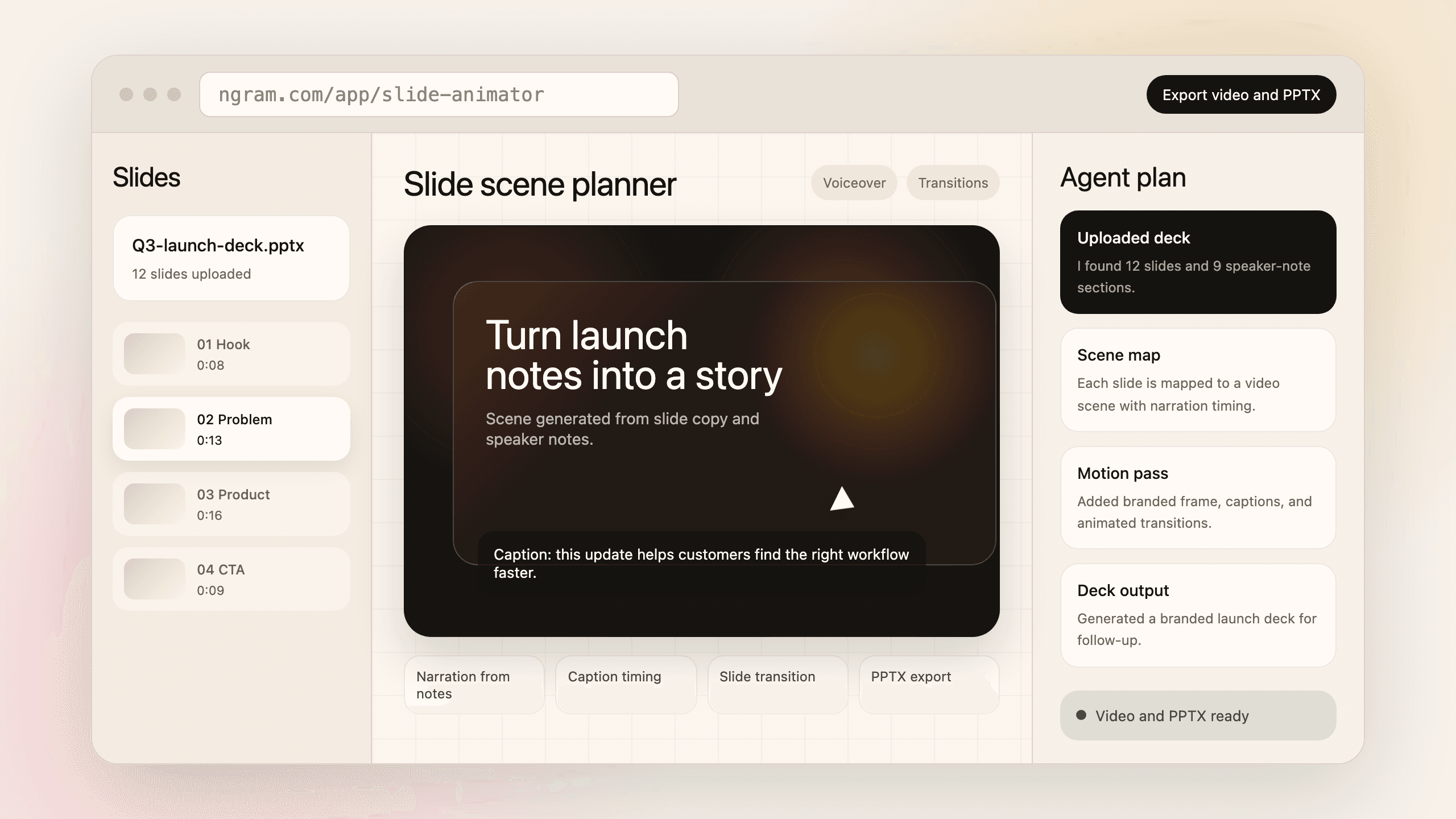 Temporary mock of the deck-to-video workflow. Replace with a real Studio workflow screenshot after launch.