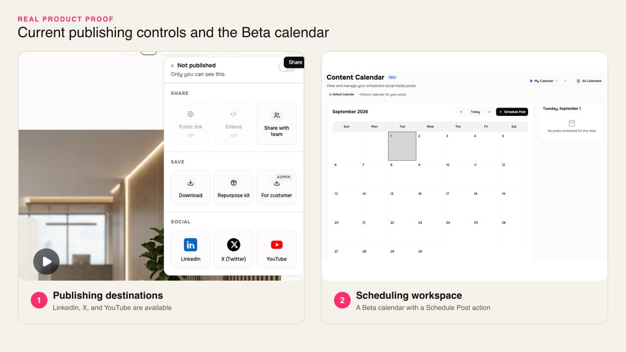 Current publishing destinations in an authenticated Share panel beside the authenticated Social Publishing Beta calendar. The composite proves both surfaces without claiming a scheduled post was created during capture.