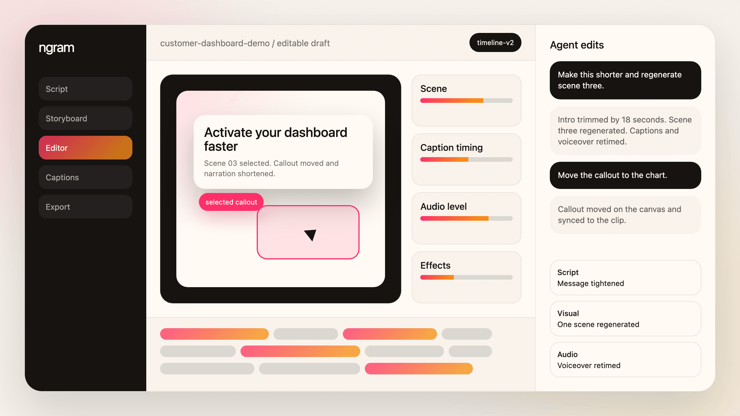 Temporary workflow mock for chat, canvas, and timeline editing. Replace with a real Studio walkthrough.