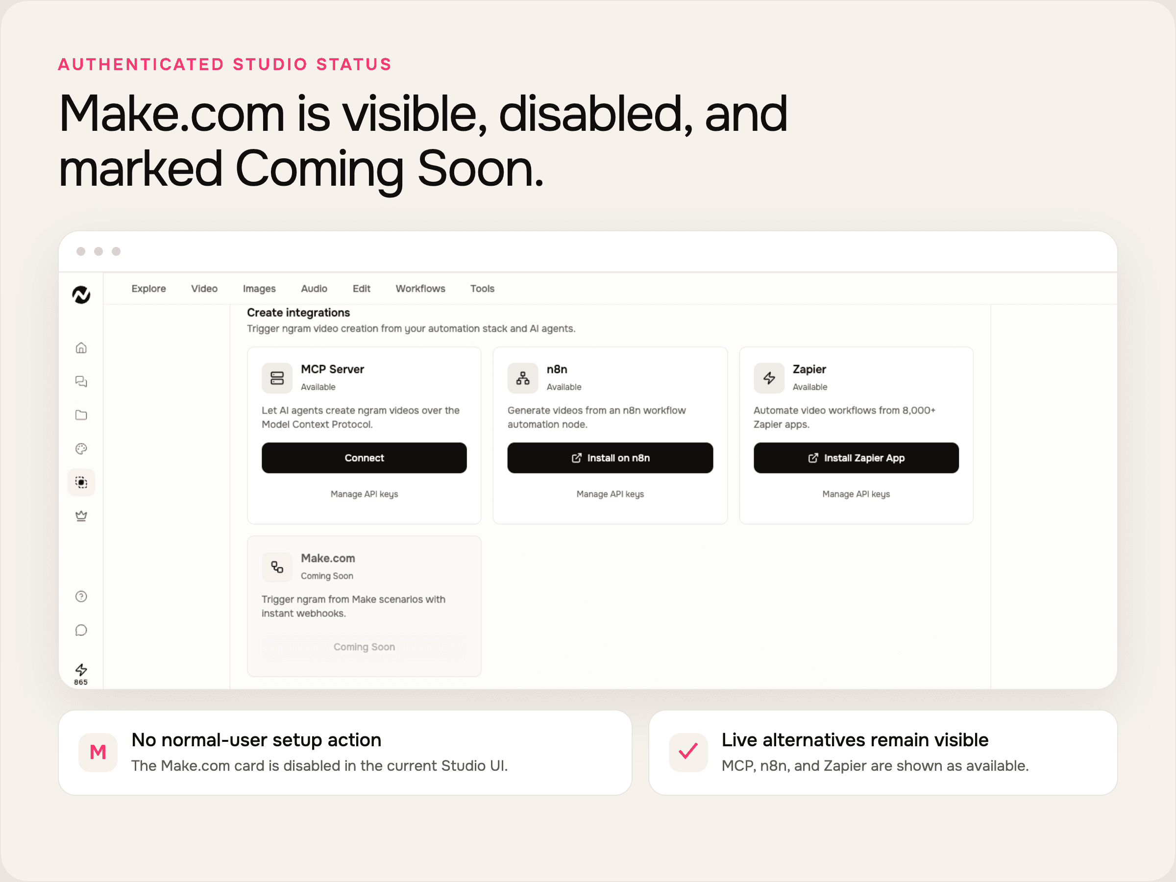 Make.com integration marked Coming Soon in ngram Studio