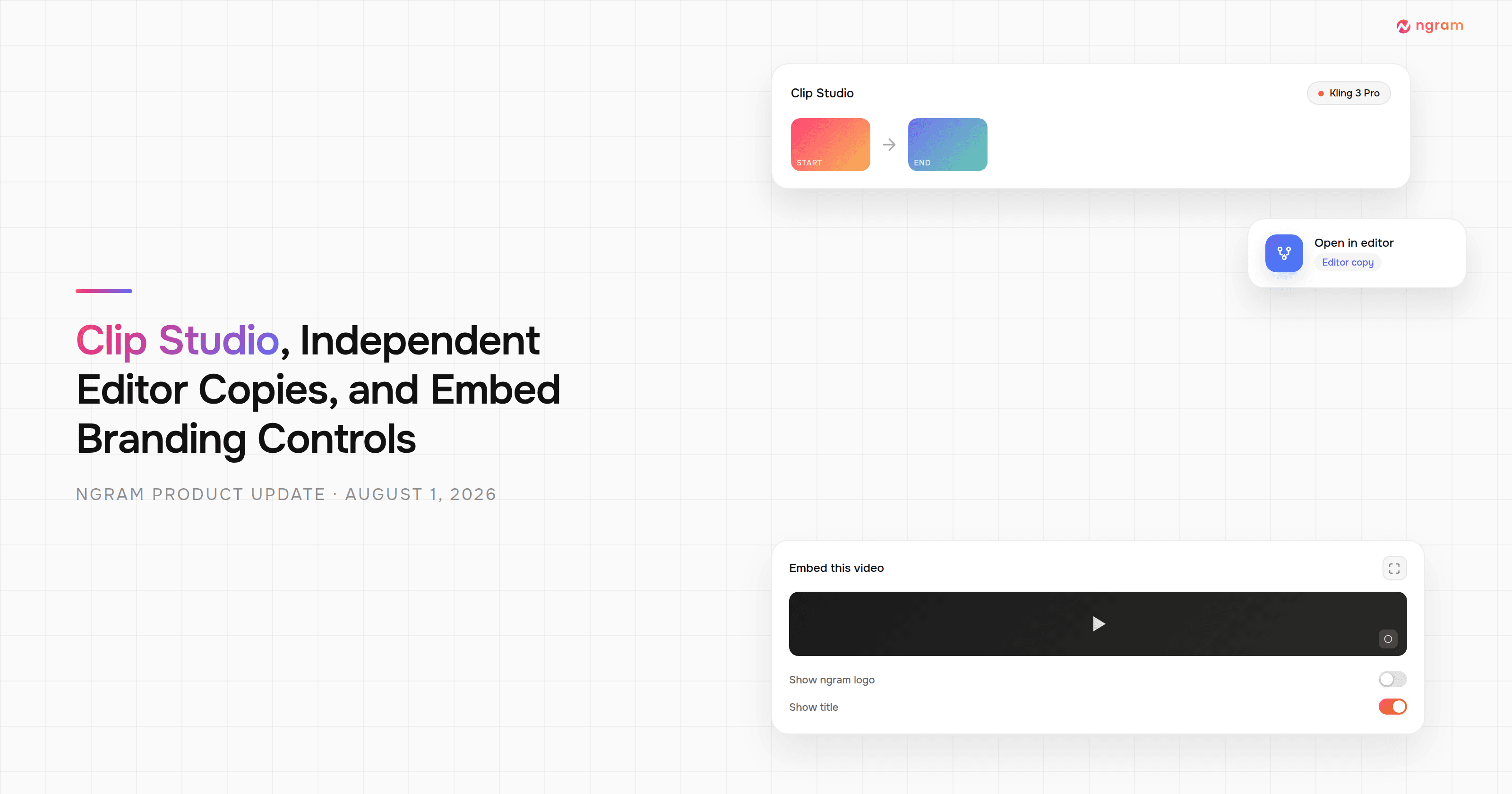 Product Update: Clip Studio, Independent Editor Copies, and Embed Branding Controls — August 1, 2026