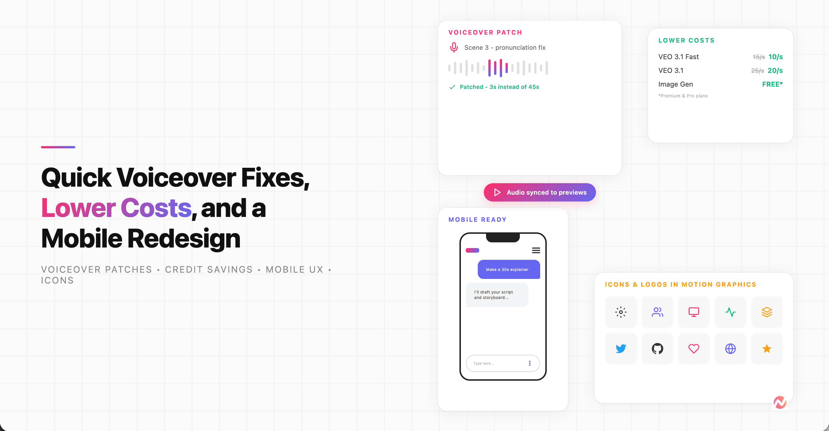Product Update: Quick Voiceover Fixes, Lower Costs, and a Mobile Redesign - March 16, 2026