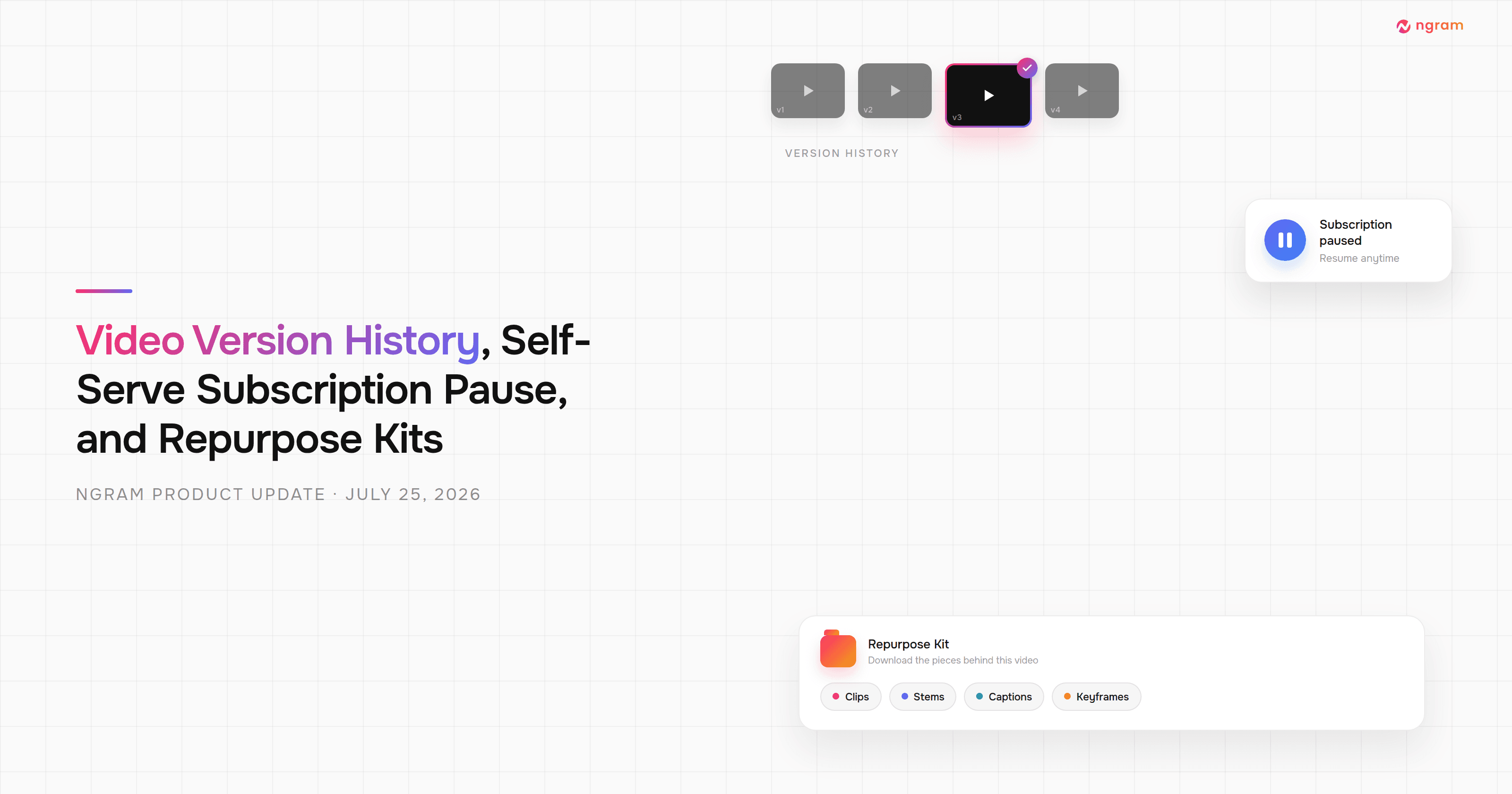 Product Update: Video Version History, Self-Serve Subscription Pause, and Repurpose Kits — July 25, 2026