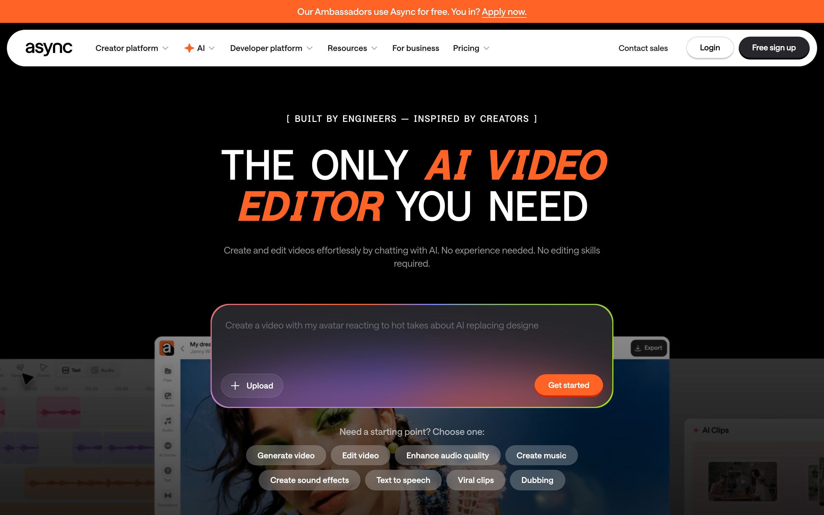 Async homepage screenshot showing the AI video editor and audio workflow