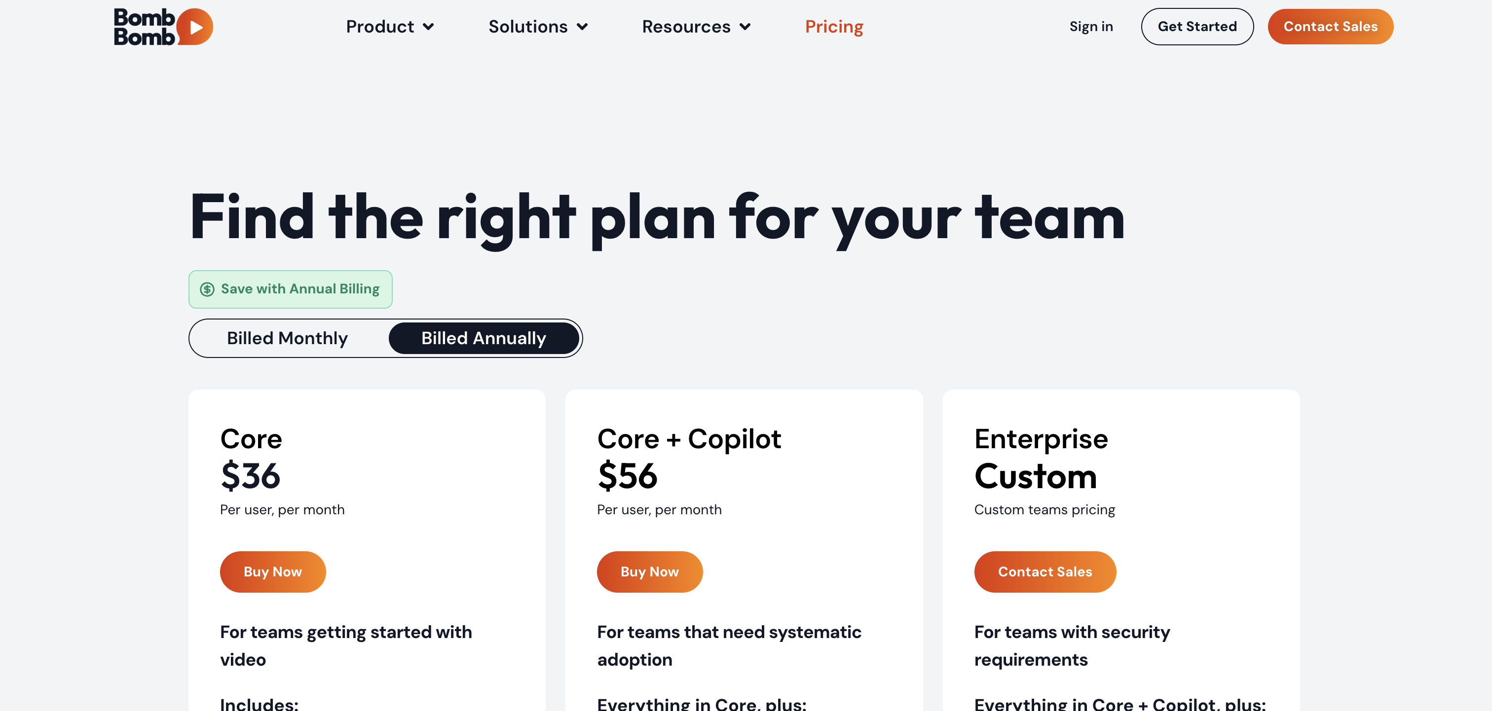 BombBomb pricing page screenshot captured June 2026