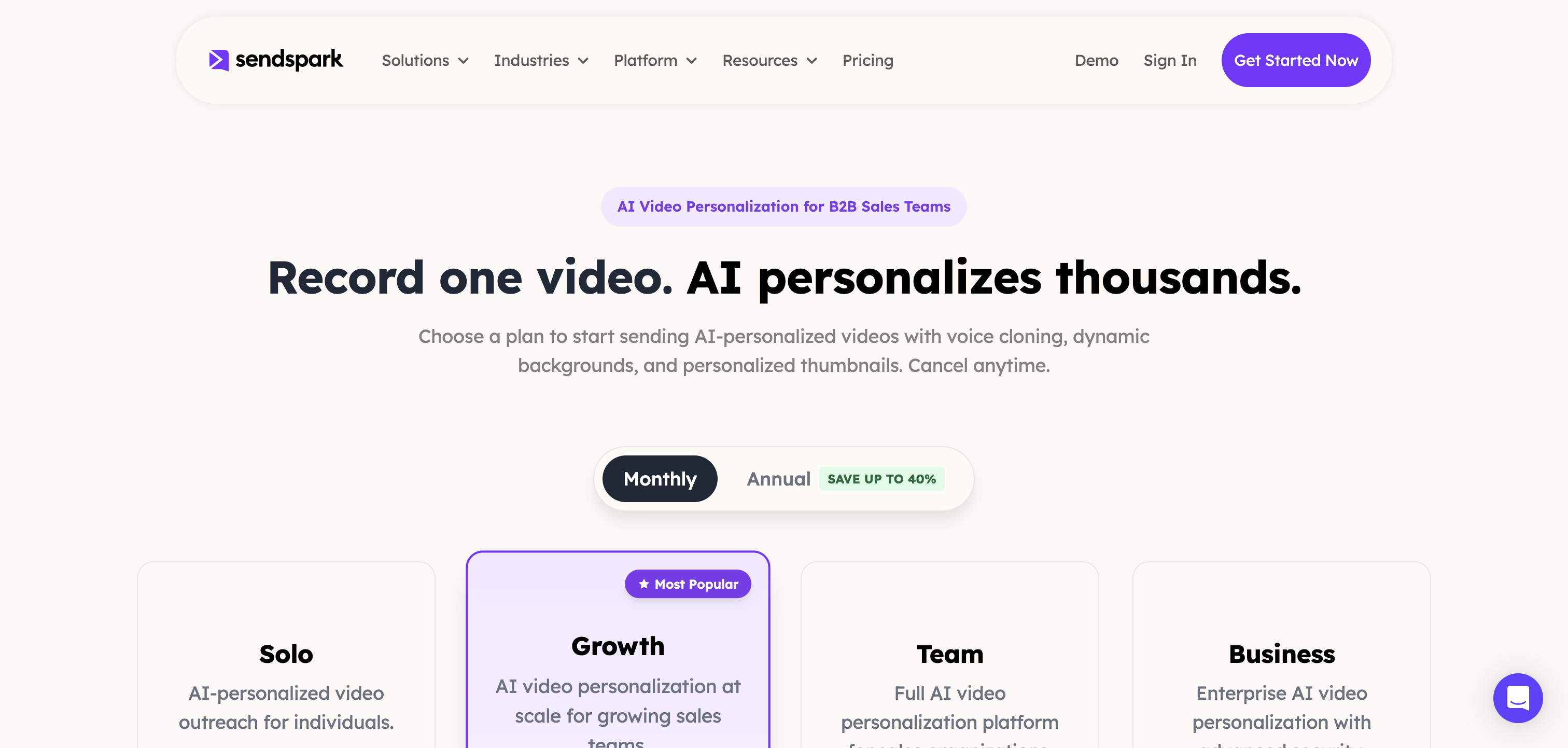 Sendspark pricing page screenshot captured June 2026