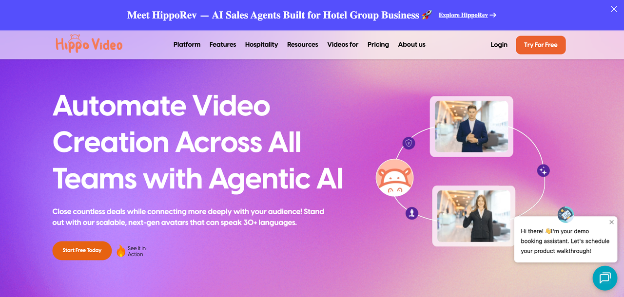 Hippo Video agentic AI video creation homepage screenshot