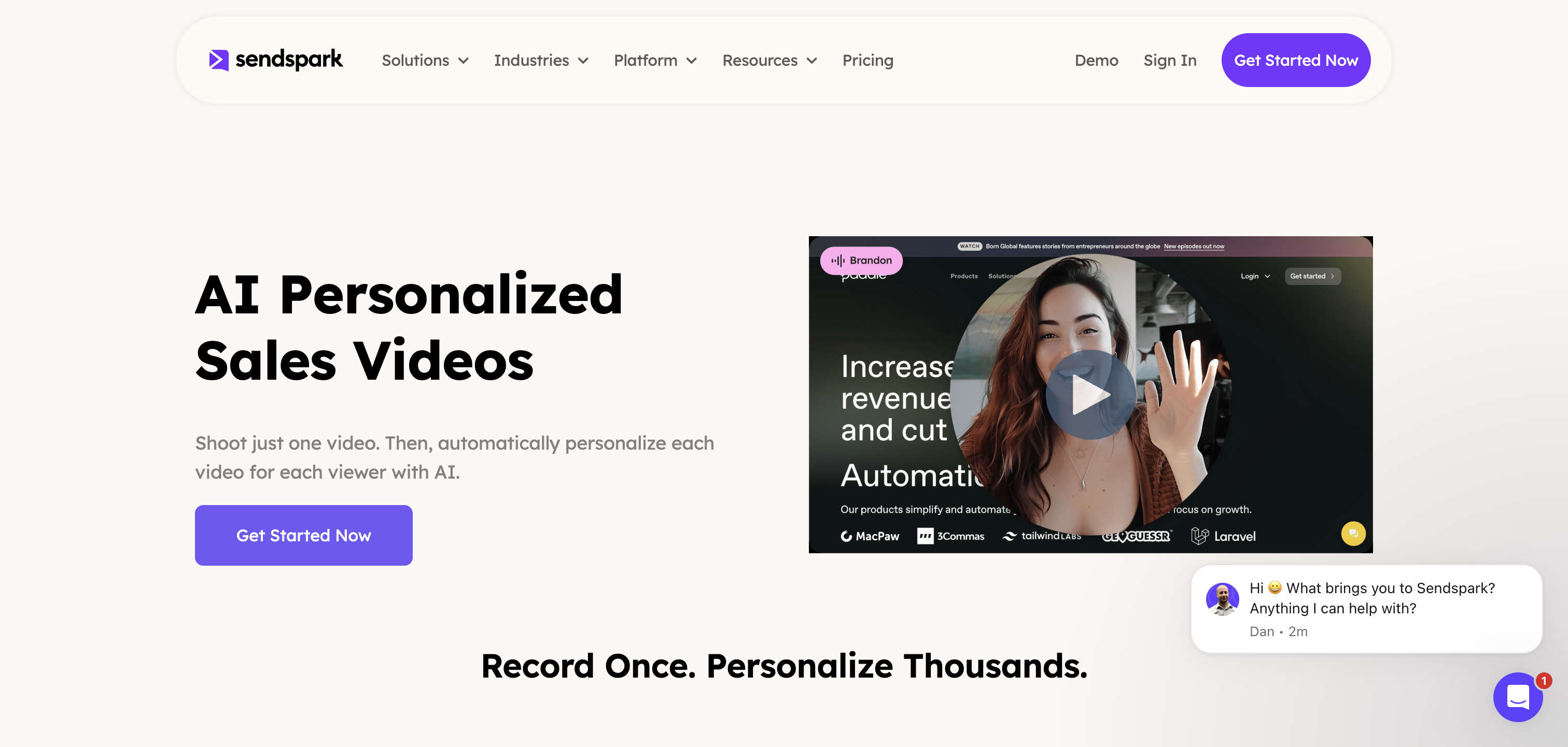 Sendspark AI personalized sales videos page screenshot