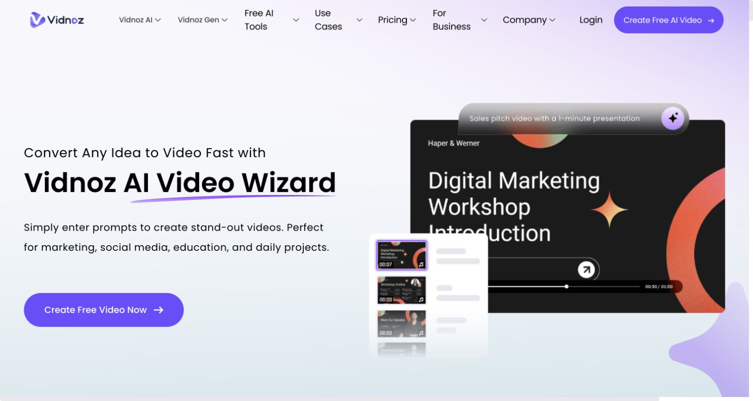Vidnoz homepage presenting its video creation workflow