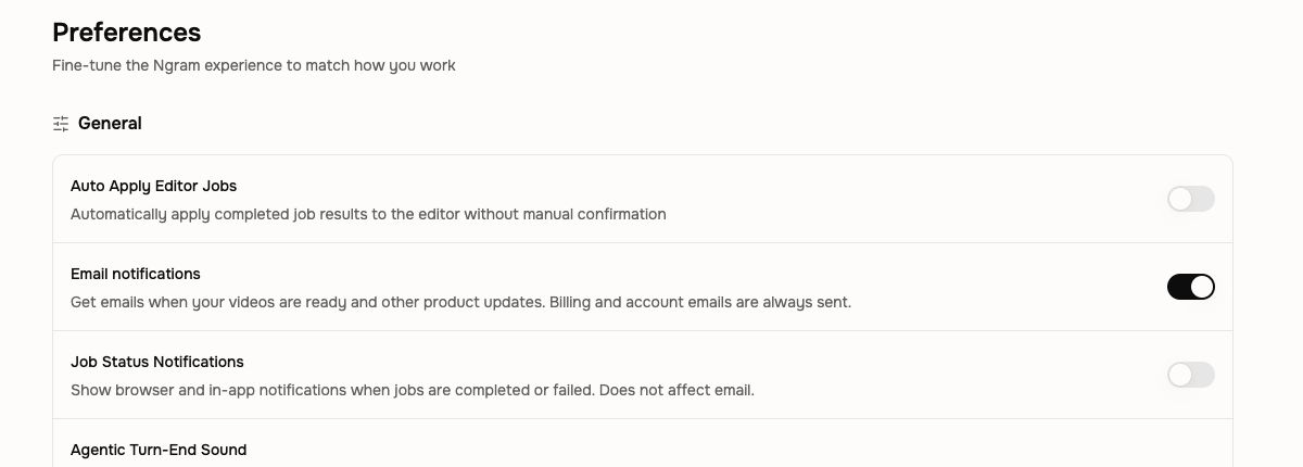 Preferences showing separate Email notifications and Job Status Notifications controls
