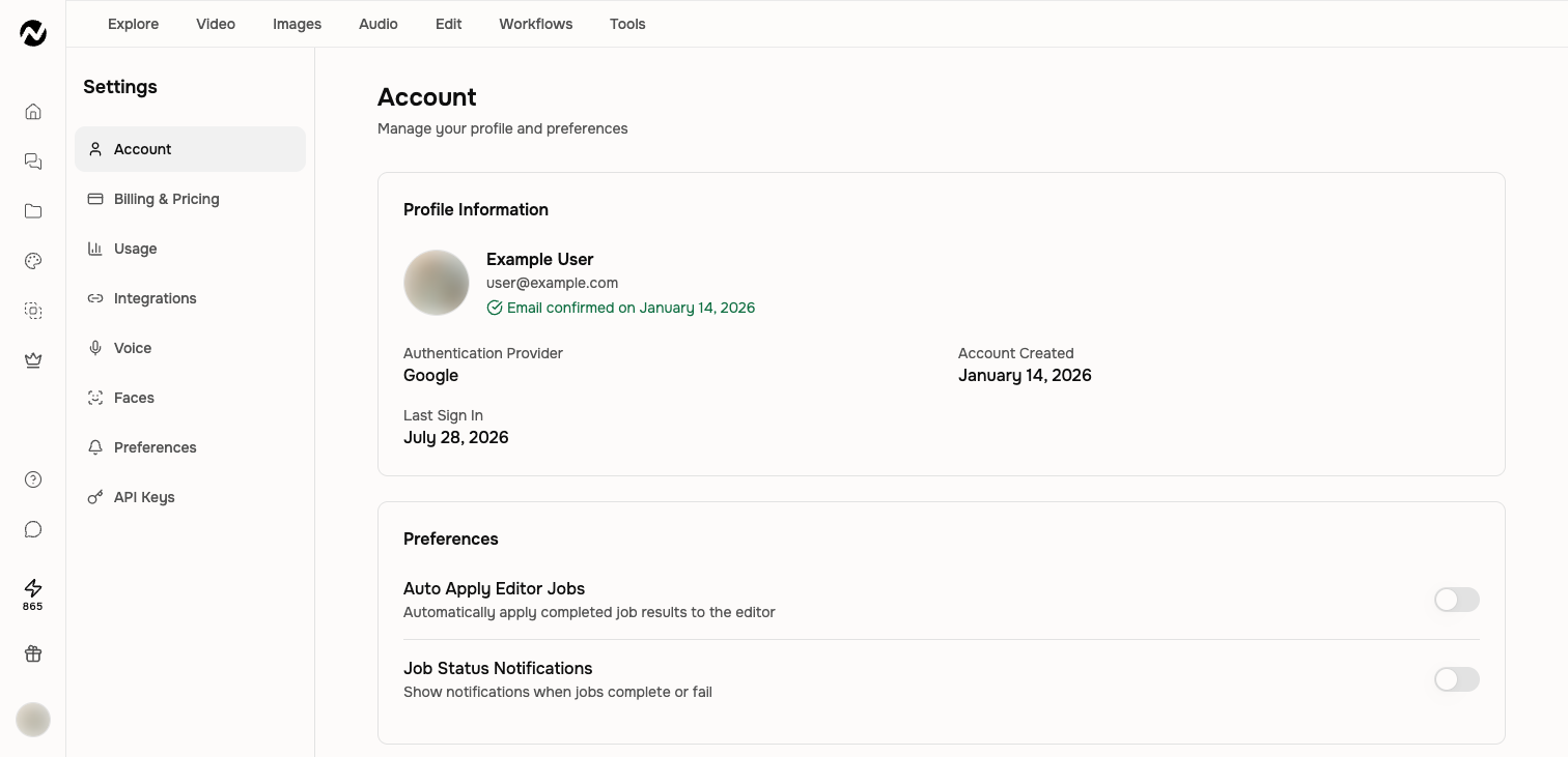 Account Settings with example profile information and job preferences