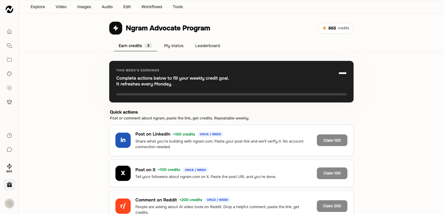 An example Earn credits experience with actions and referral program navigation