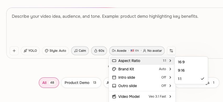 Studio Aspect Ratio menu with 16:9, 9:16, and 1:1 choices