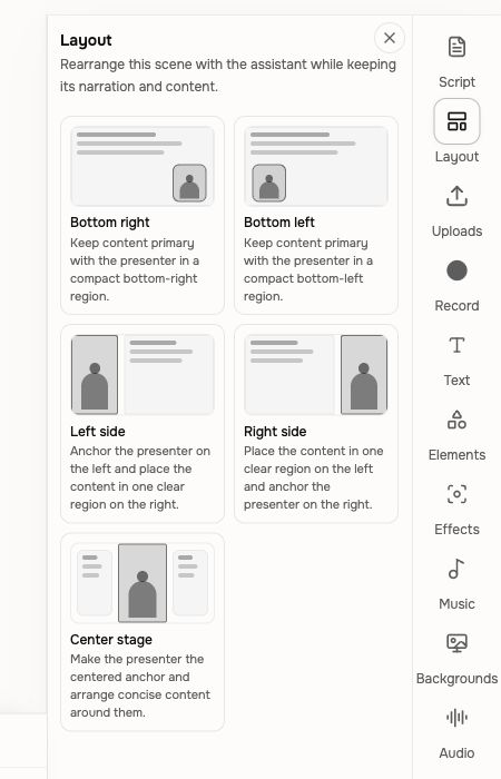 Avatar Layout rail with presenter placement options for the current aspect ratio