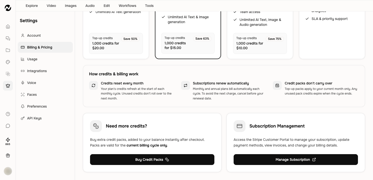 The Billing page explaining credit resets, renewals, and top-up expiration