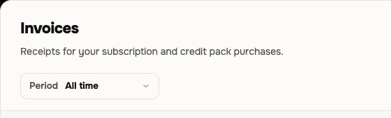 The Invoices dialog showing the subscription and credit-pack receipt description and period filter