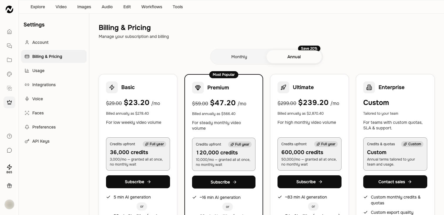 The current Billing and Pricing page with Basic, Premium, Ultimate, and Enterprise options