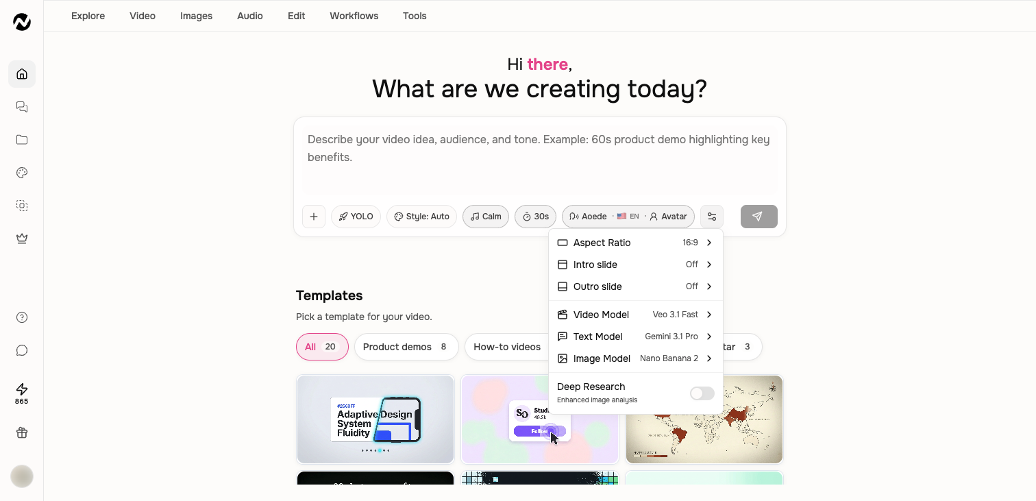 The current Studio settings menu with text, image, and video model selectors