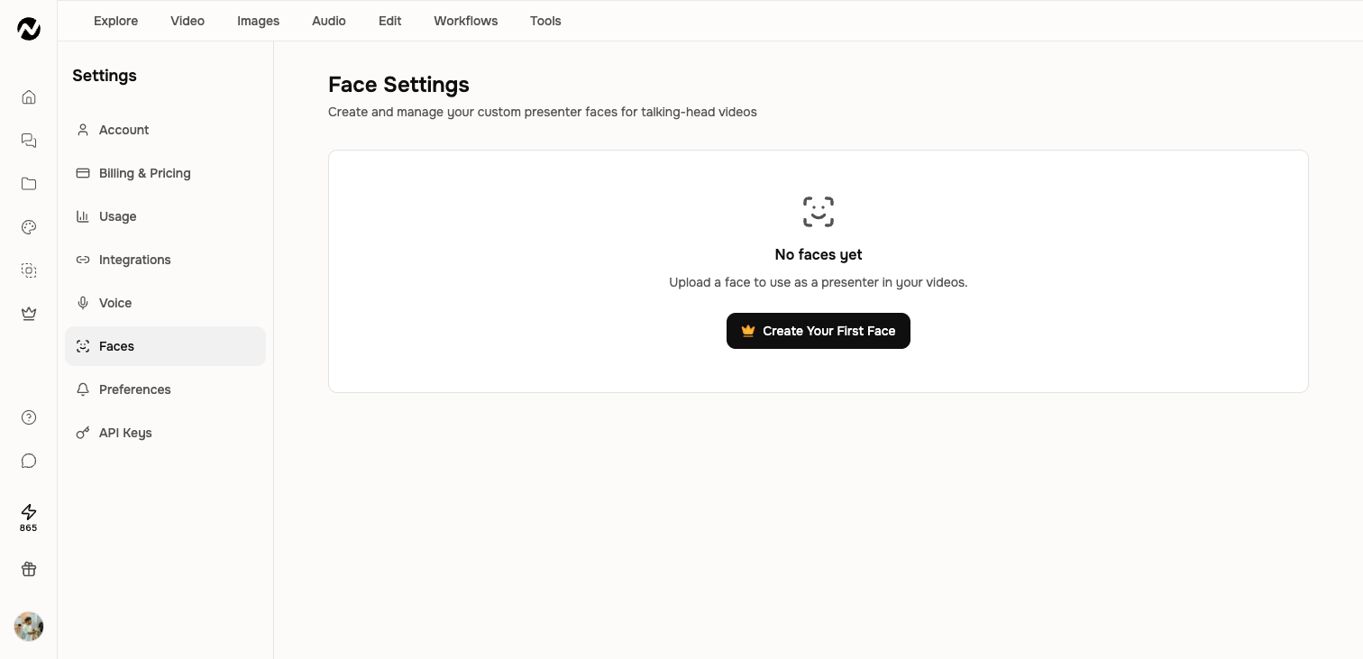 Face Settings with the option to create a first presenter face